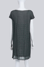 SACAI - A GREEN AND GREY SILK-COTTON DRESS WITH BEADED SQUARE MOTIF