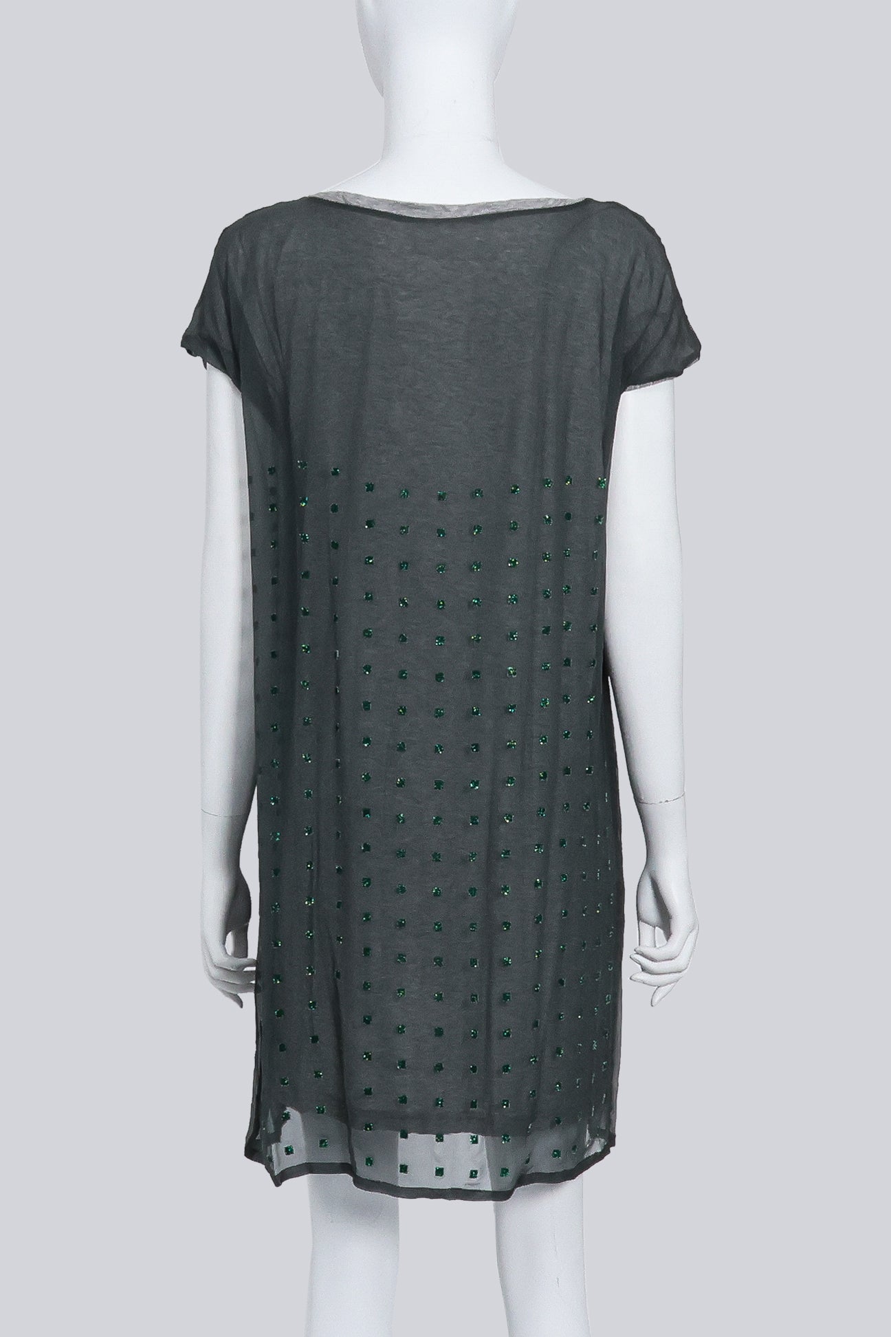 SACAI - A GREEN AND GREY SILK-COTTON DRESS WITH BEADED SQUARE MOTIF