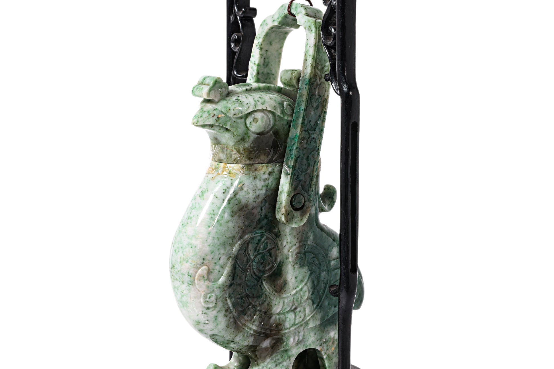 A JADEITE BIRD FORM VASE AND COVER WITH HANDLE