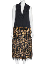 DRIES VAN NOTEN - A SLEEVELESS BLACK AND YELLOW FAUX FUR DRESS