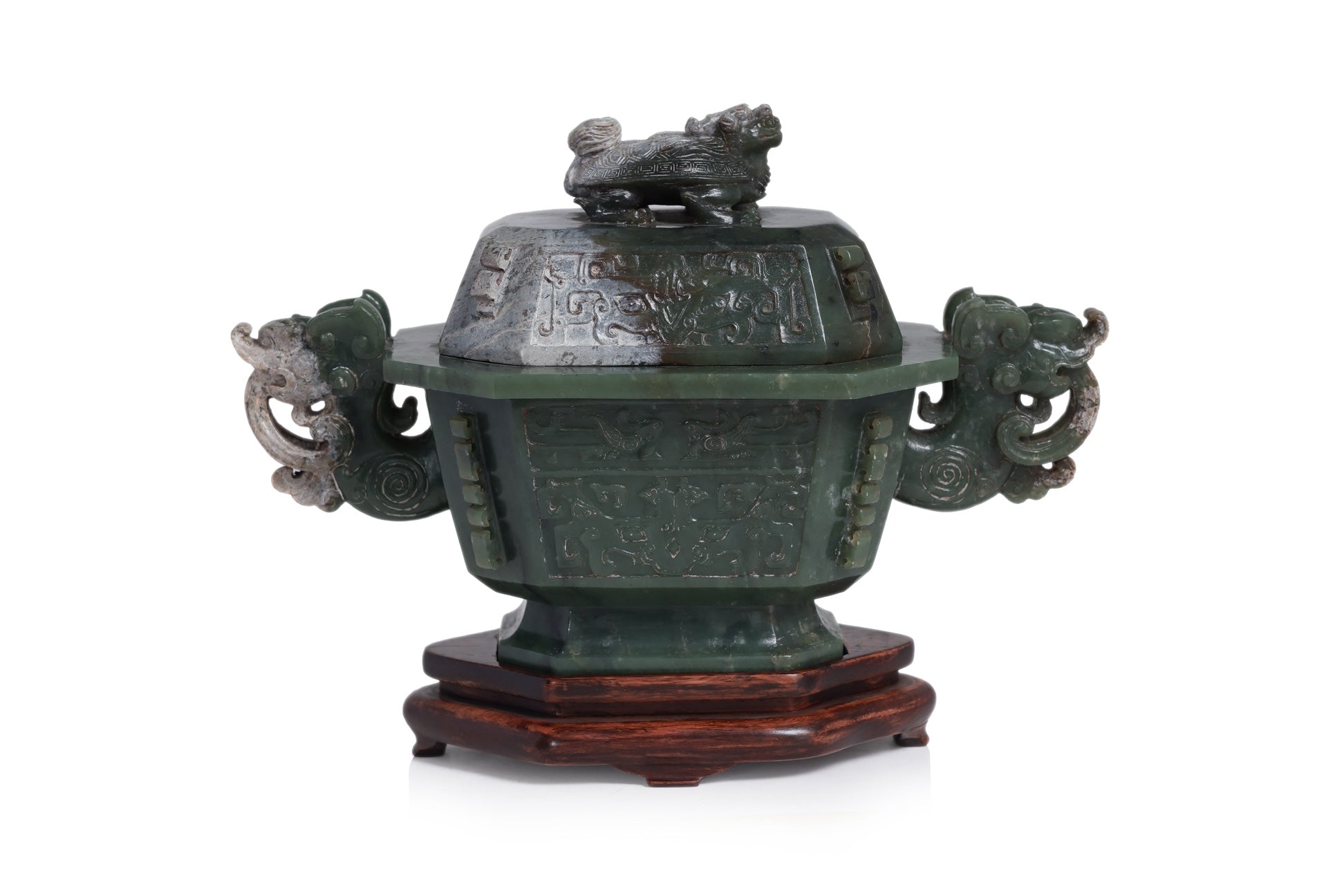 A SPINACH GREEN JADE ARCHAISTIC TWIN HANDLED CENSER AND COVER