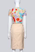 JOHN GALLIANO - A FLORAL SHIRT AND BEIGE SKIRT ENSEMBLE