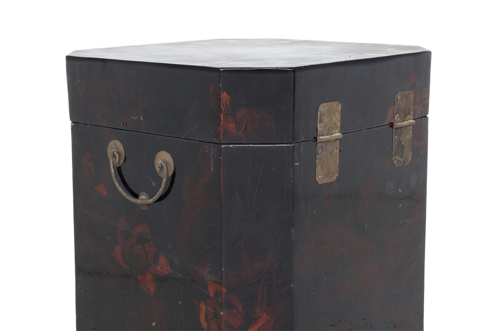A PAIR OF BLACK LACQUERED OCTAGONAL WOODEN CHESTS