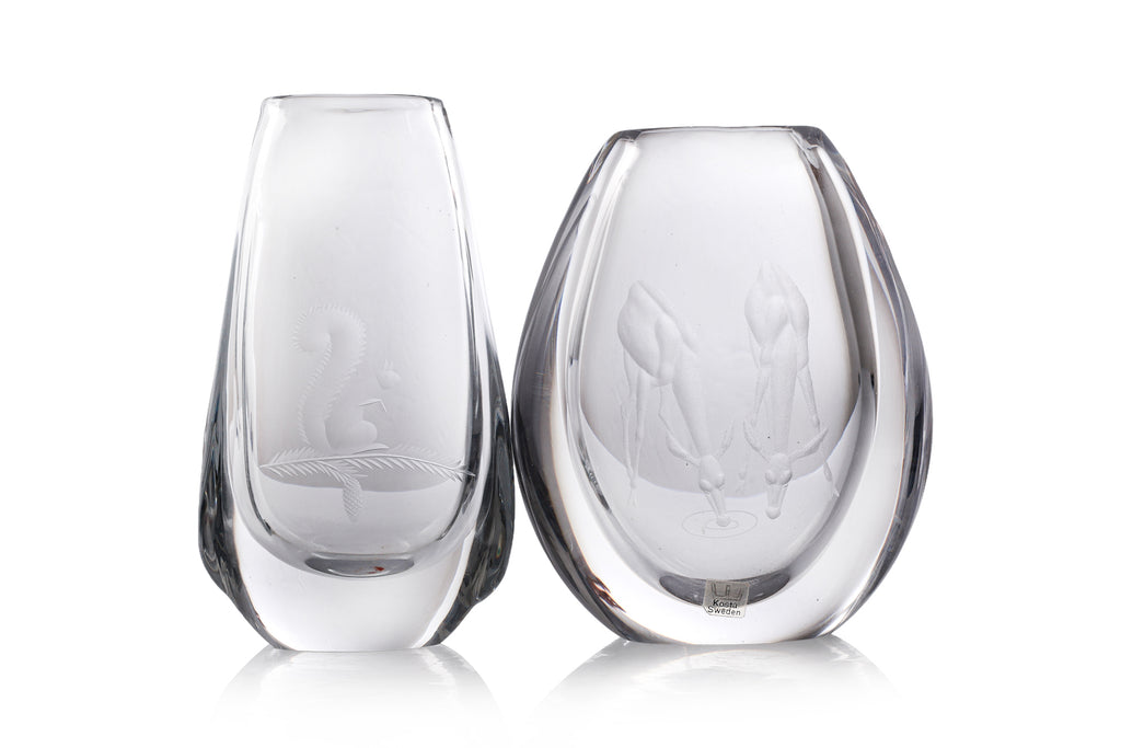 TWO KOSTA ETCHED 'DEER' AND 'SQUIRREL' GLASS VASES