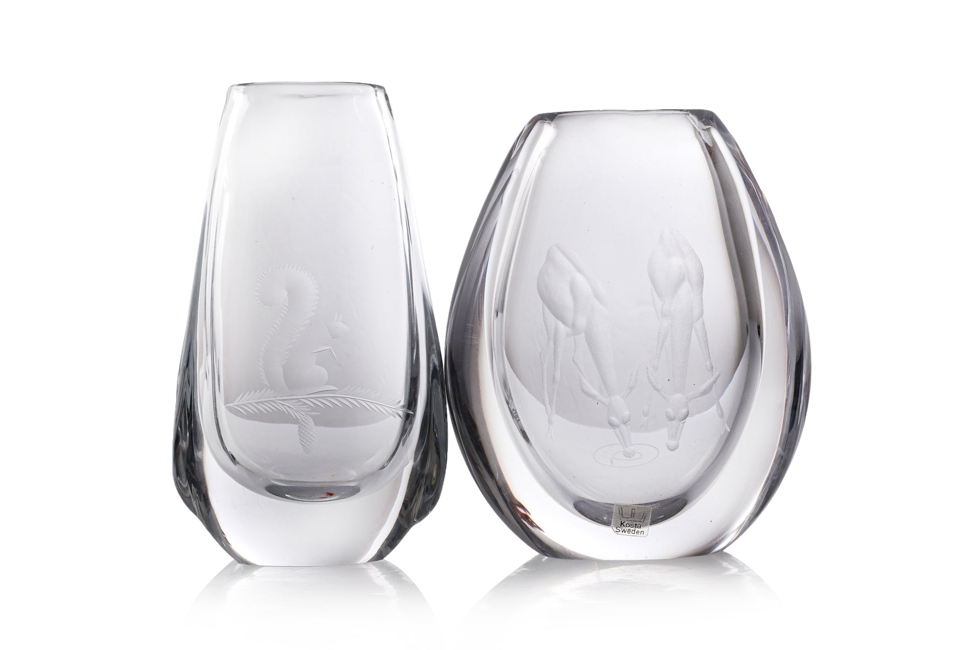 TWO KOSTA ETCHED 'DEER' AND 'SQUIRREL' GLASS VASES