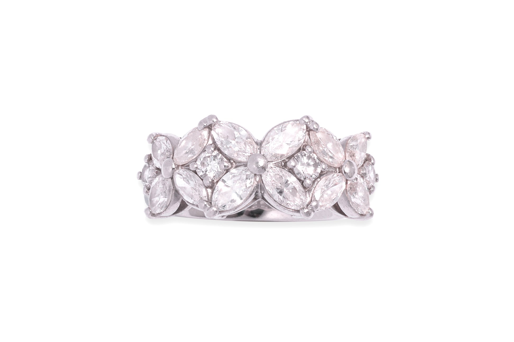 A MARQUISE AND ROUND CUT DIAMOND 'CLUSTER' RING