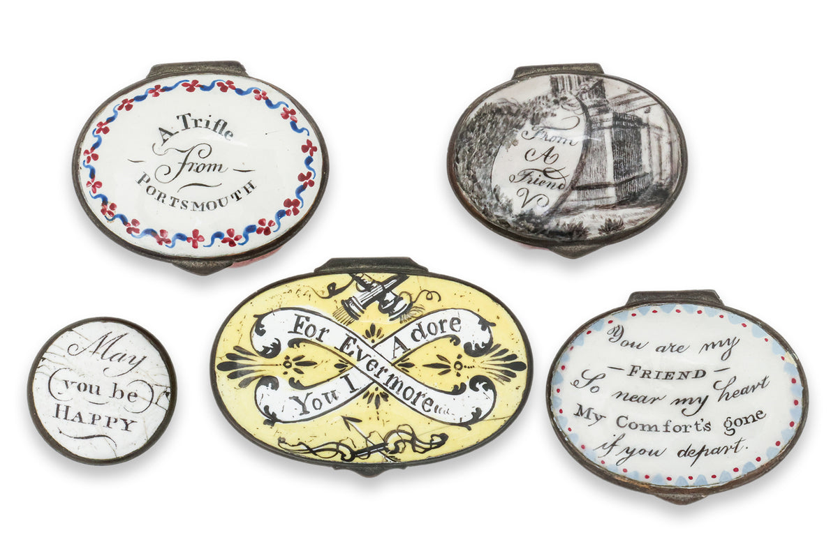 A GROUP OF FIVE BILSTON ENAMEL BOXES