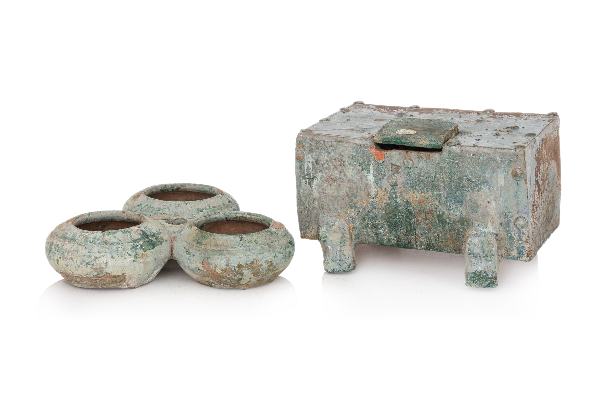 A GREEN-GLAZED MONEY BOX AND A TRIPLE-MOUTHED VESSEL
