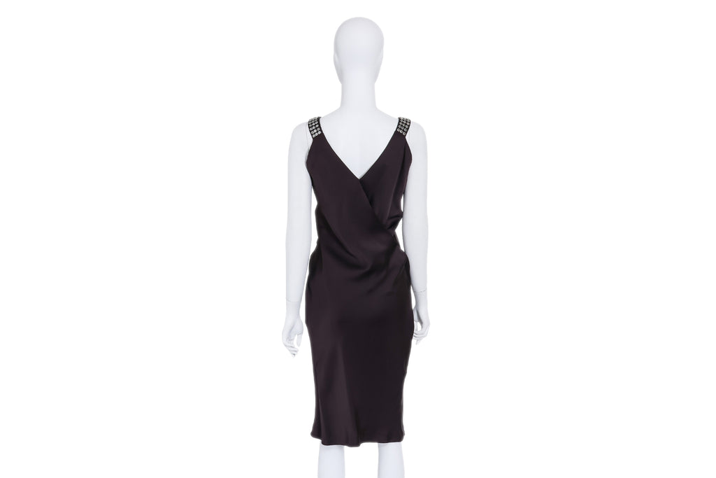 JIL SANDER - AN AUBERGINE SILK EVENING DRESS WITH STUDDED STRAPS
