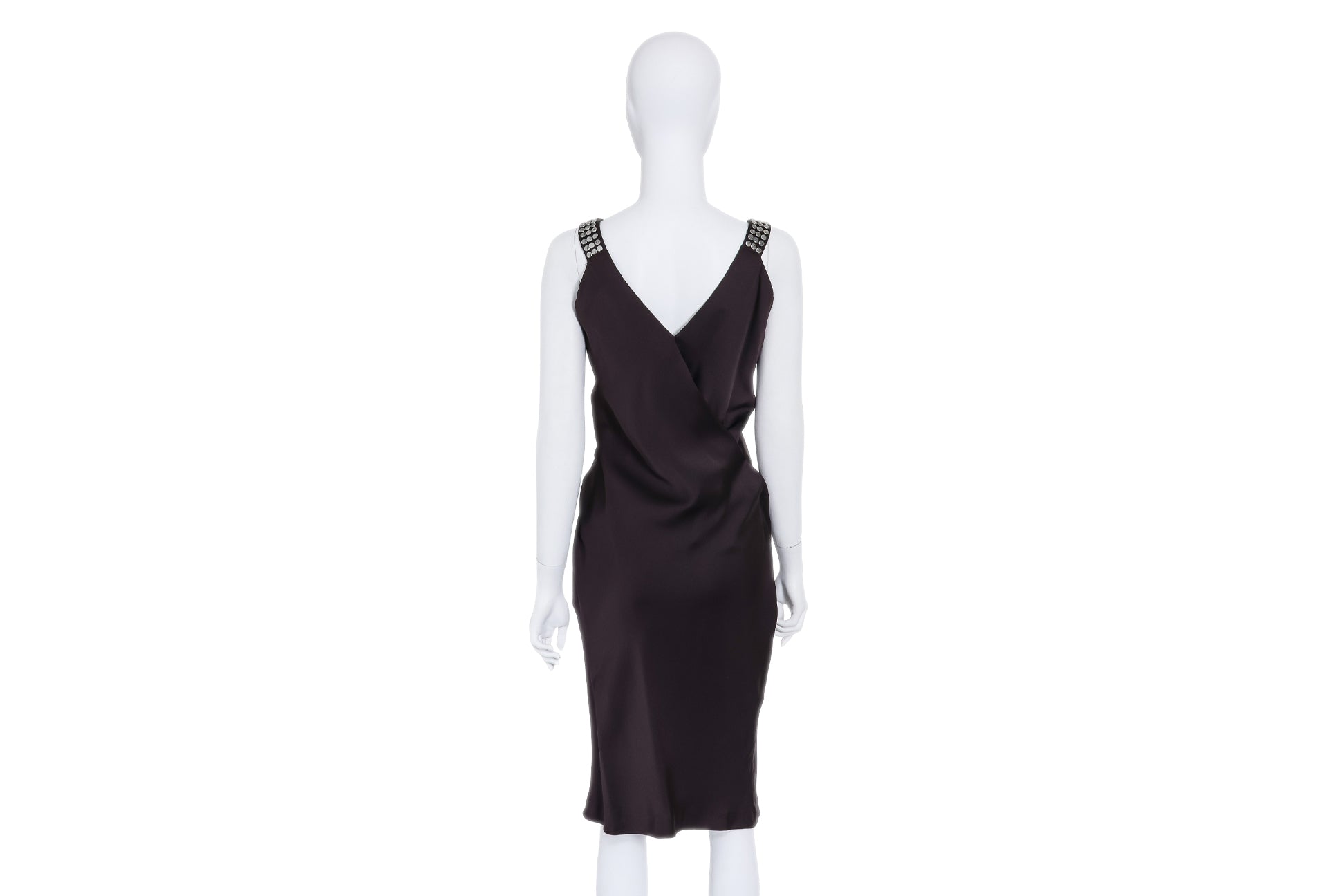 JIL SANDER - AN AUBERGINE SILK EVENING DRESS WITH STUDDED STRAPS