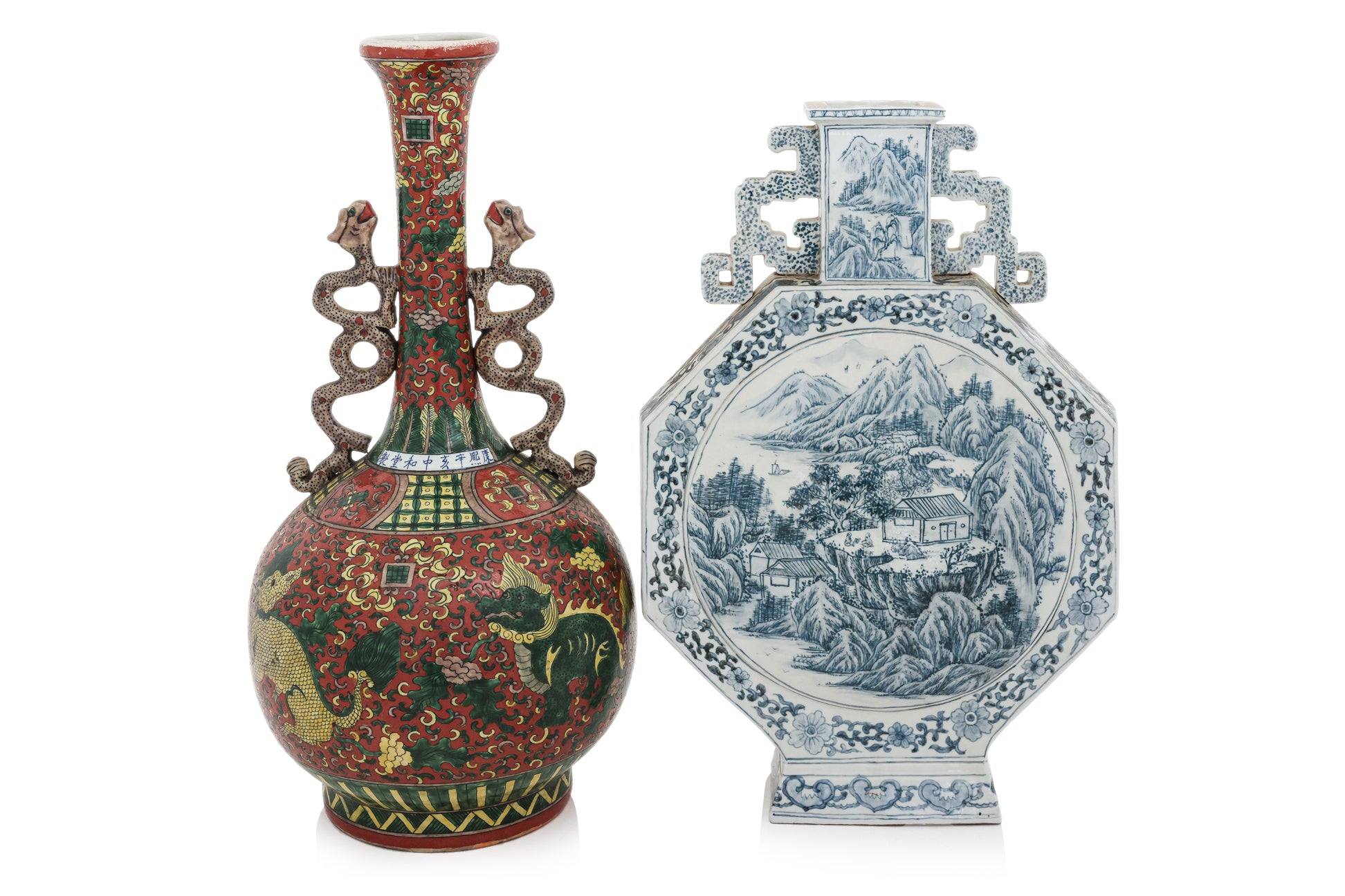 TWO LARGE TWIN HANDLED CERAMIC VASES