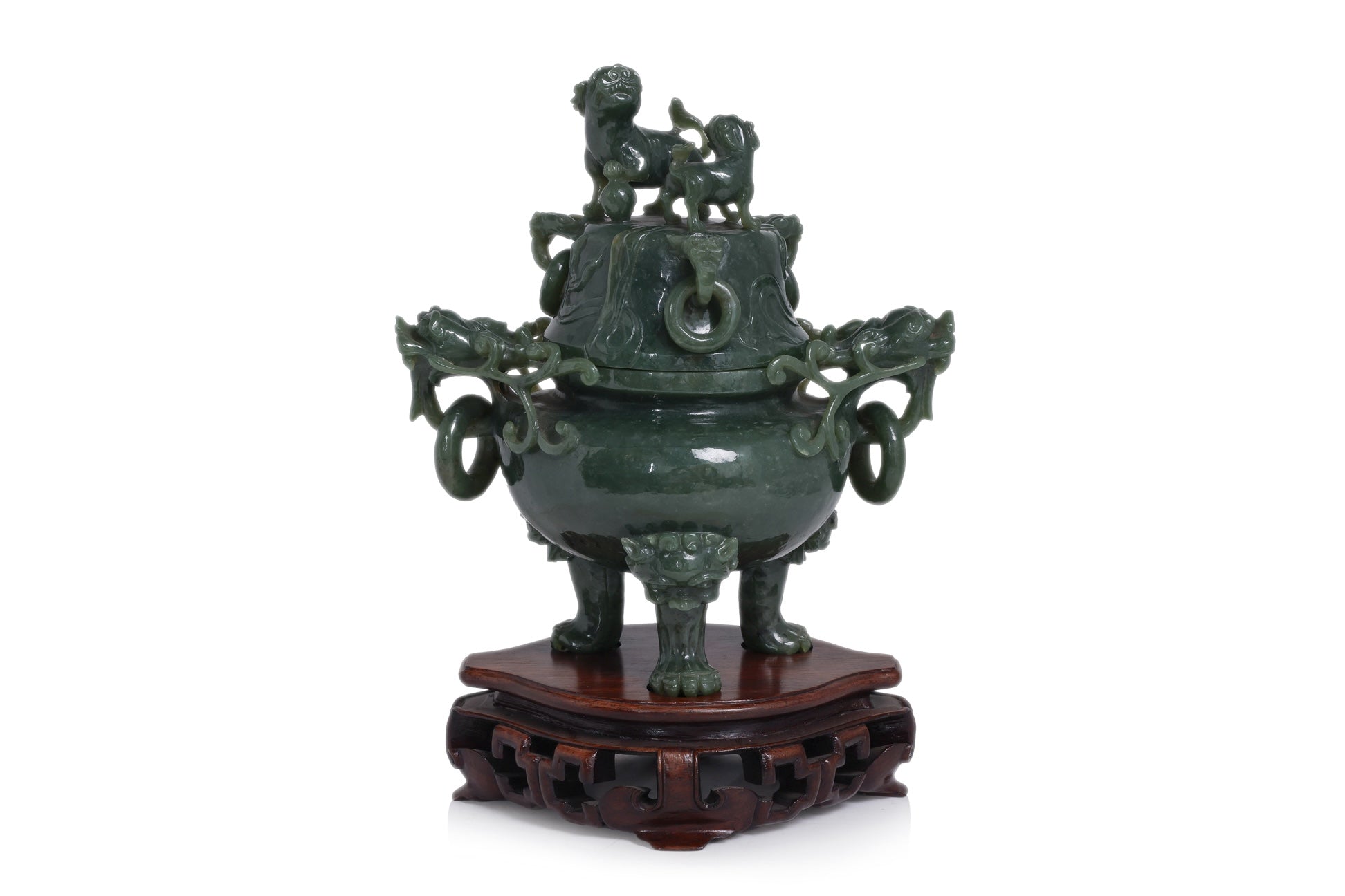A GREEN JADE TRIPOD CENSER AND COVER