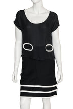 EMPORIO ARMANI - A BLACK SILK TOP AND VISCOSE SKIRT SET WITH WHITE CONTRAST PIPING