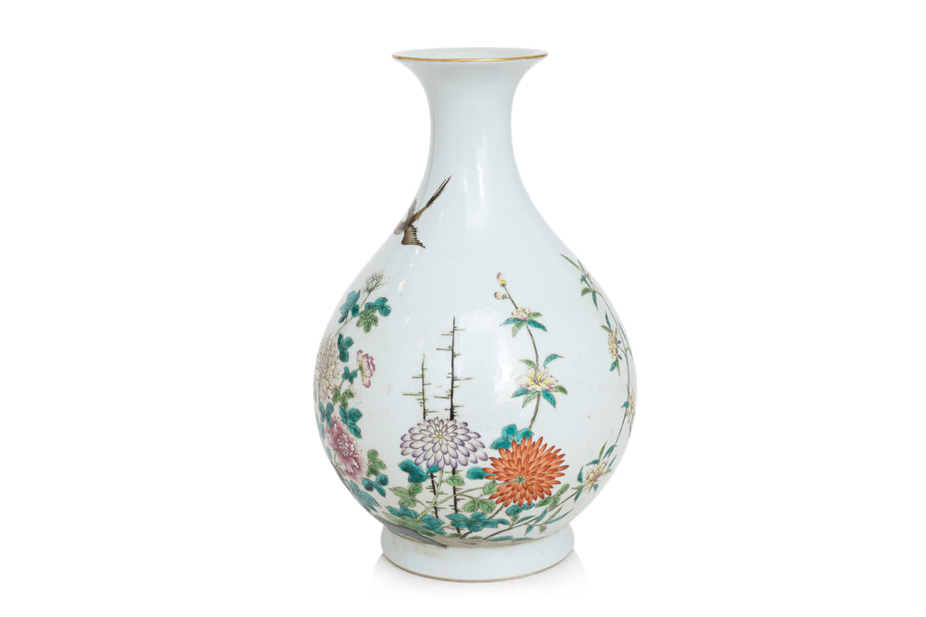 A FAMILLE ROSE 'BIRDS AND FLOWERS' BOTTLE VASE