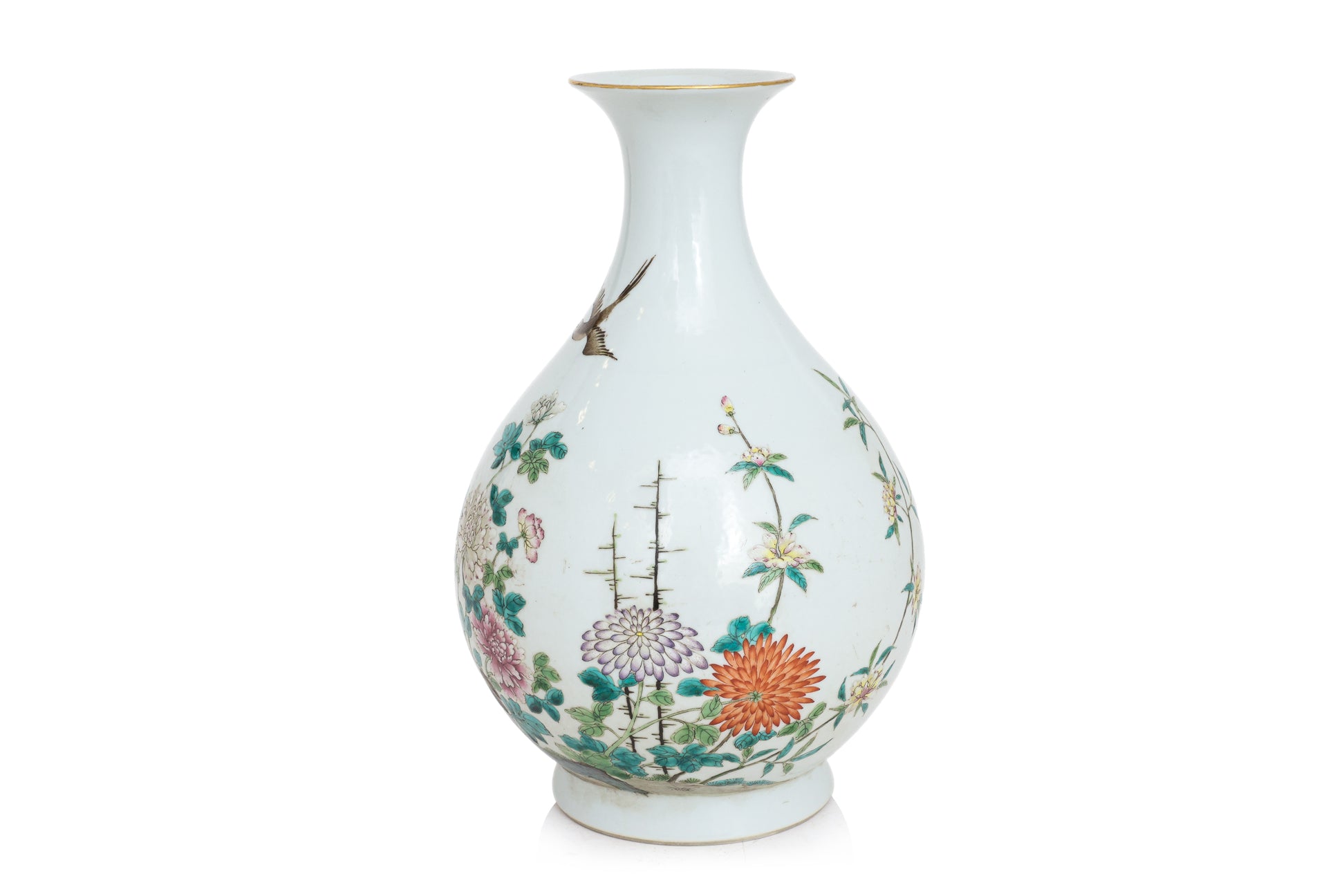 A FAMILLE ROSE 'BIRDS AND FLOWERS' BOTTLE VASE