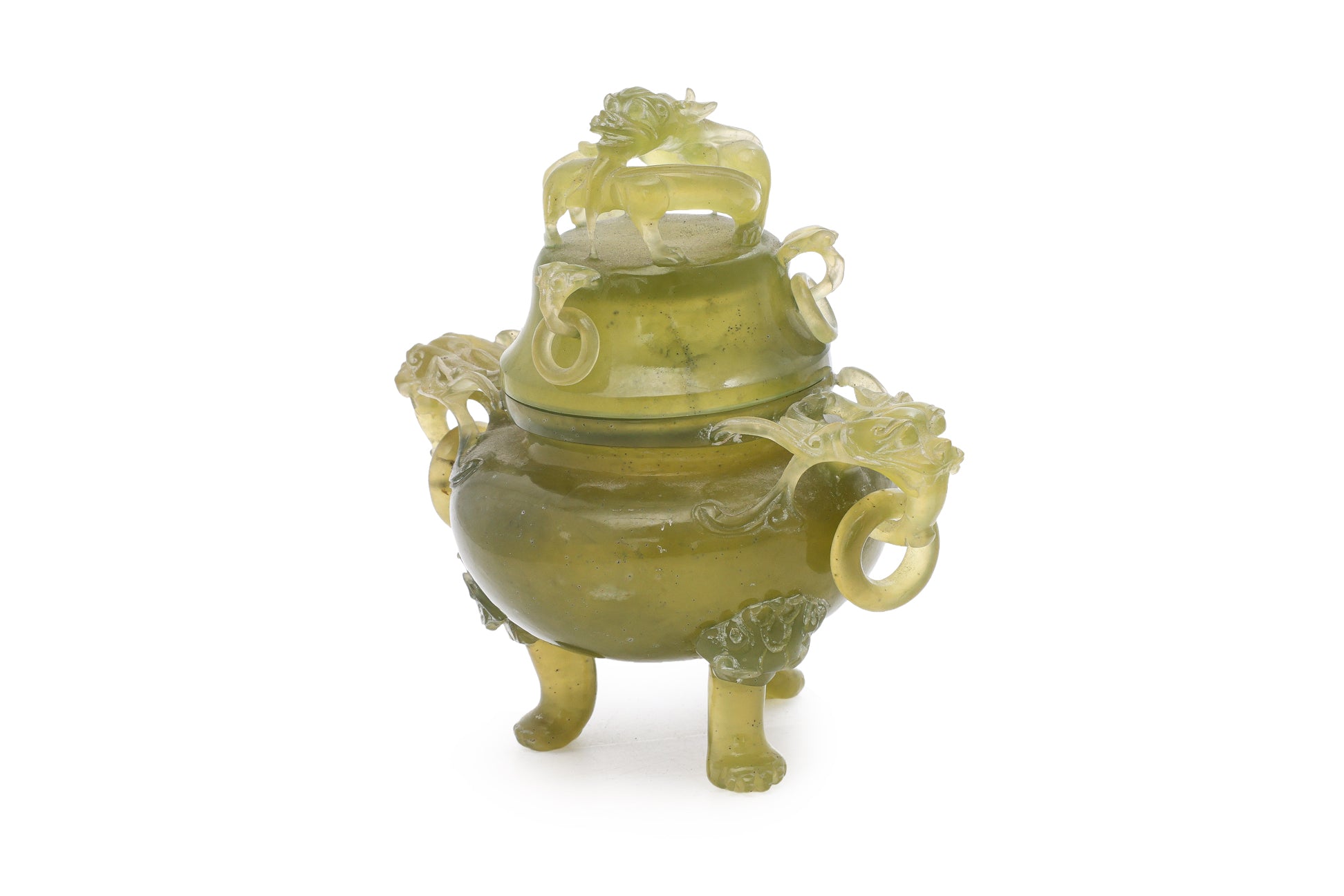 A SERPENTINE JADE TRIPOD CENSER AND COVER
