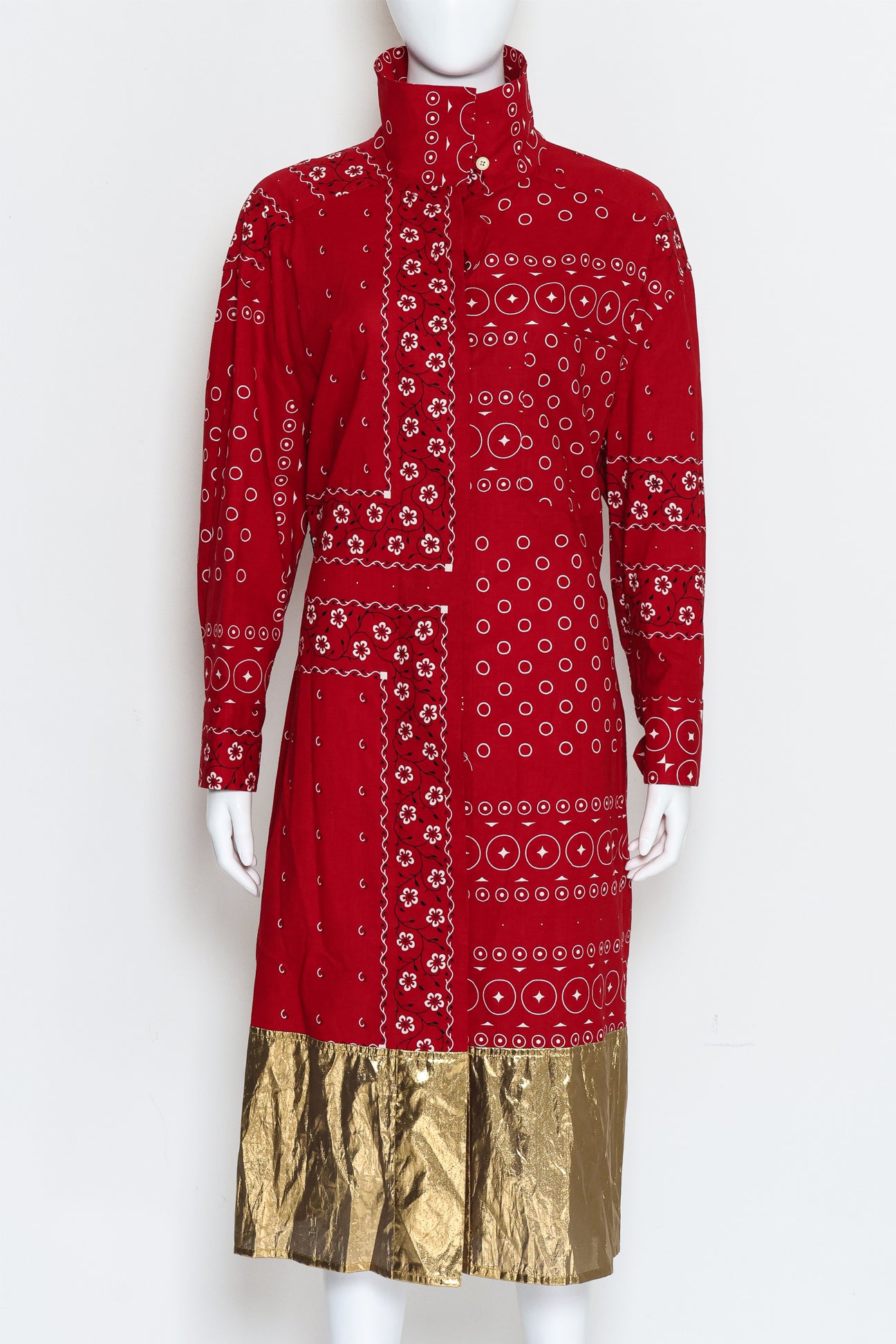 KOLOR - A RED BANDANA STYLE PRINTED DRESS WITH GOLD BOTTOM AND MULTI-ROPE BELT