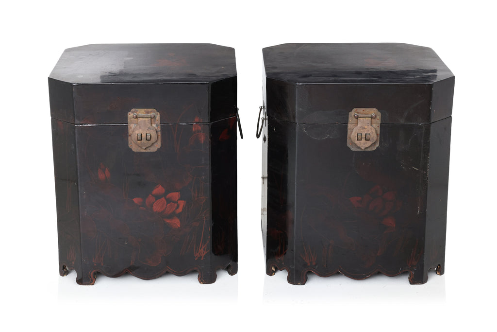 A PAIR OF BLACK LACQUERED OCTAGONAL WOODEN CHESTS