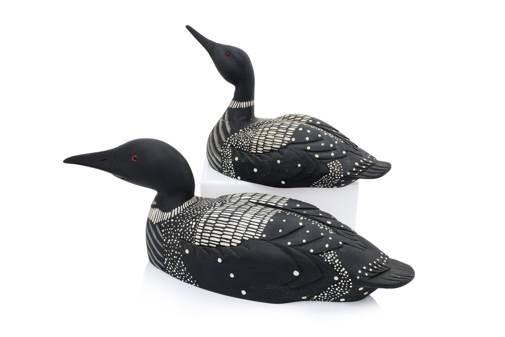 TWO CARVED AND PAINTED WOODEN DUCK DECOYS BY JAMES HADDON