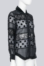 COMME DES GARCONS TRICOT - A 2017 BLACK SHEER POLKA DOT AND LACE BLOUSE WITH A VELVET COLLAR