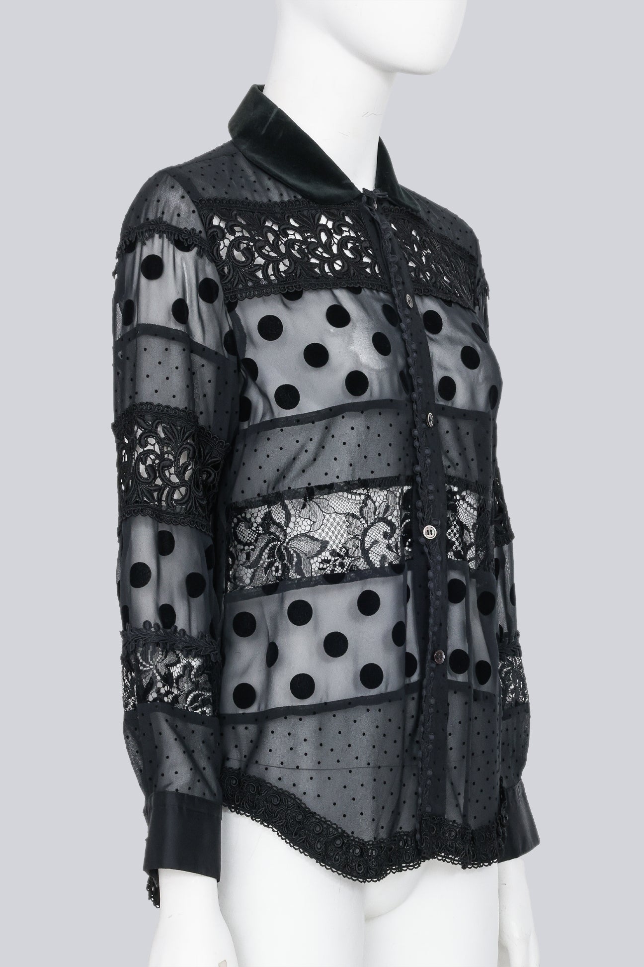 COMME DES GARCONS TRICOT - A 2017 BLACK SHEER POLKA DOT AND LACE BLOUSE WITH A VELVET COLLAR