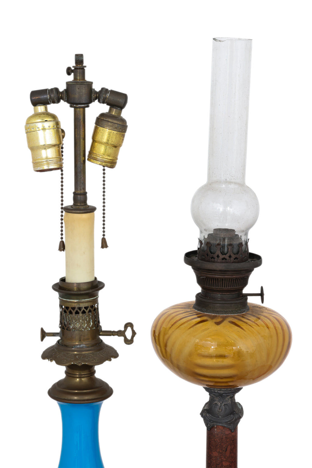 A VICTORIAN OIL LAMP AND AN ELECTRIC BRASS AND PORCELAIN LAMP