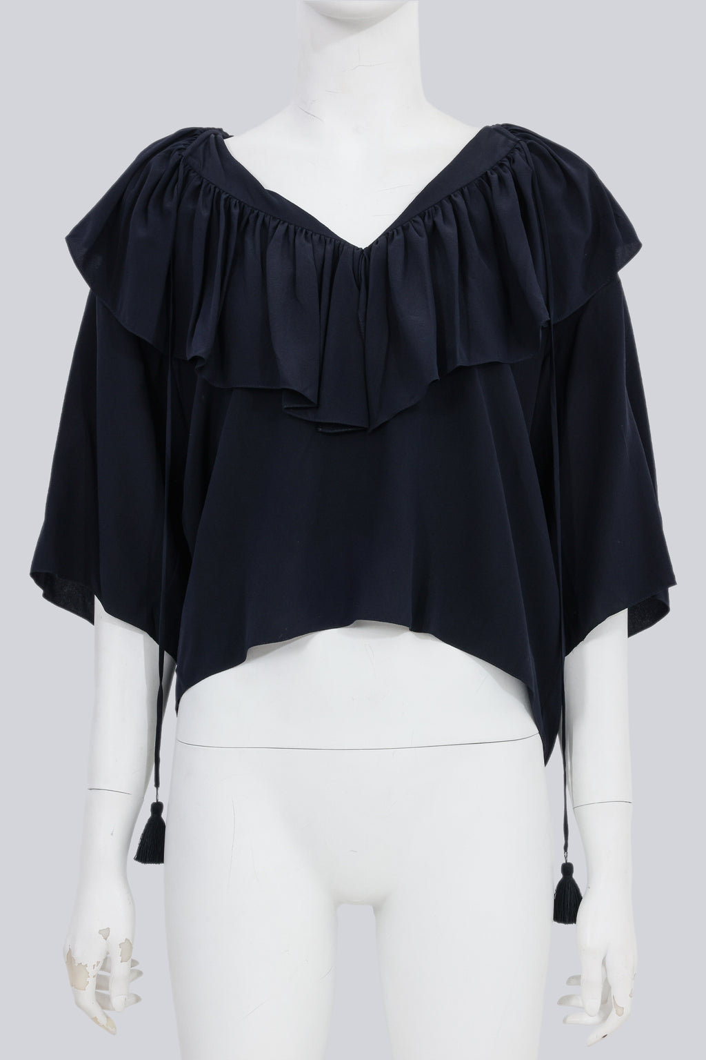 CHLOÉ - A NAVY RUFFLED SILK BLOUSE
