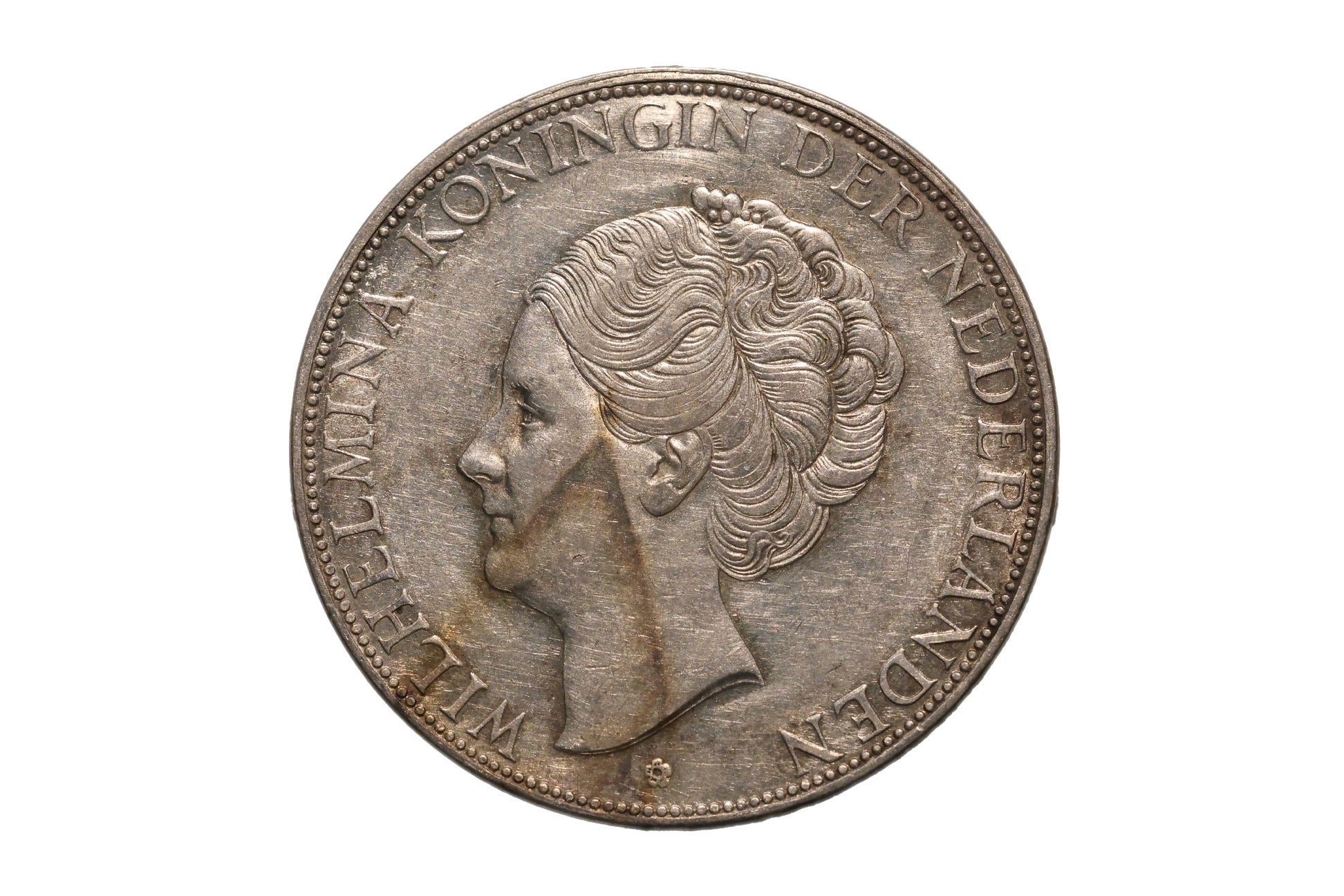 NETHERLANDS WILHELMINA 2 1/1 GULDEN 1938 - DEEP HAIR LINES VARIATION