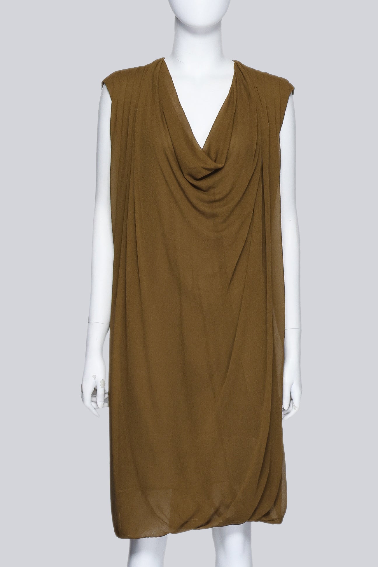 ALEXANDER MCQUEEN - AN OLIVE GREEN COWL SHIFT DRESS