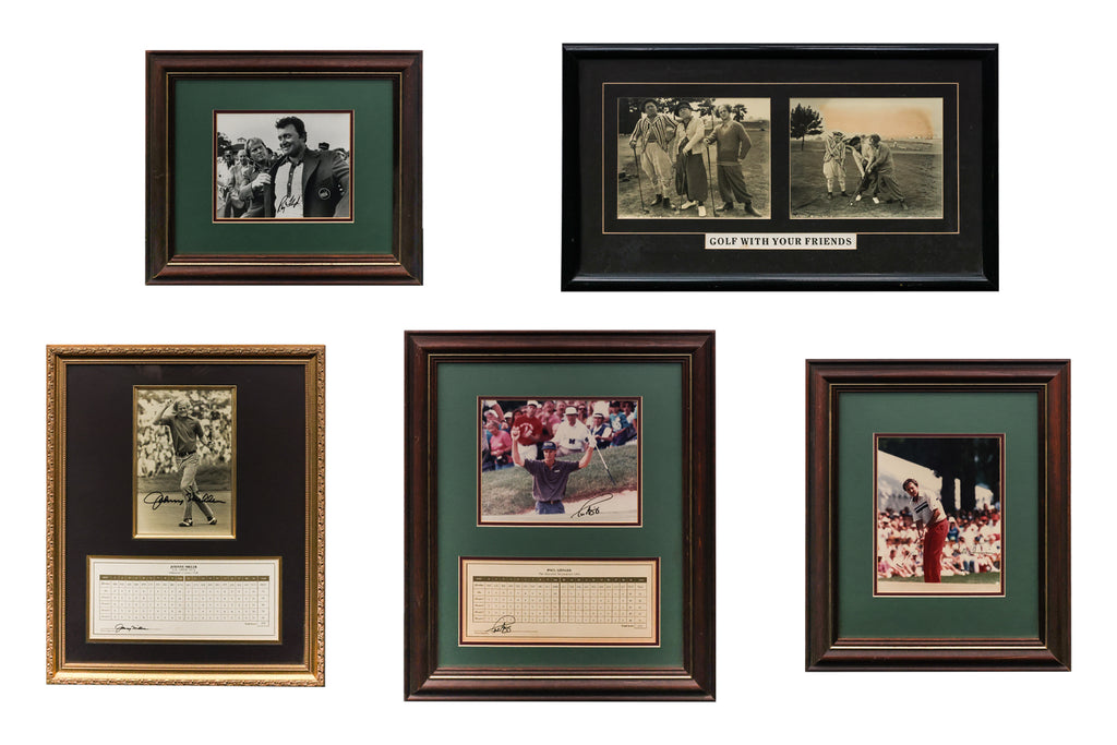 A GROUP OF FIVE ASSORTED GOLF MEMORABILIA PRINTS