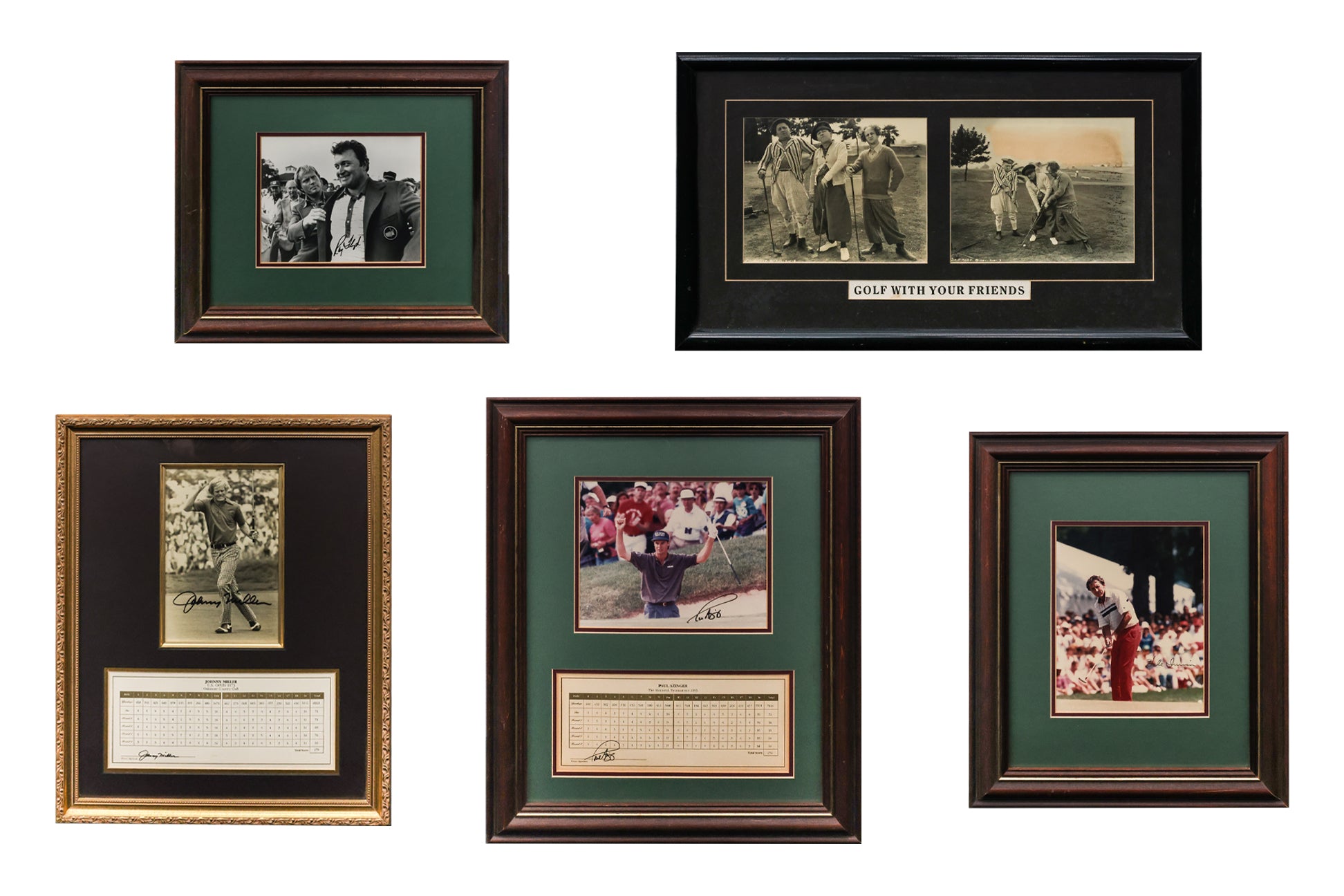 A GROUP OF FIVE ASSORTED GOLF MEMORABILIA PRINTS