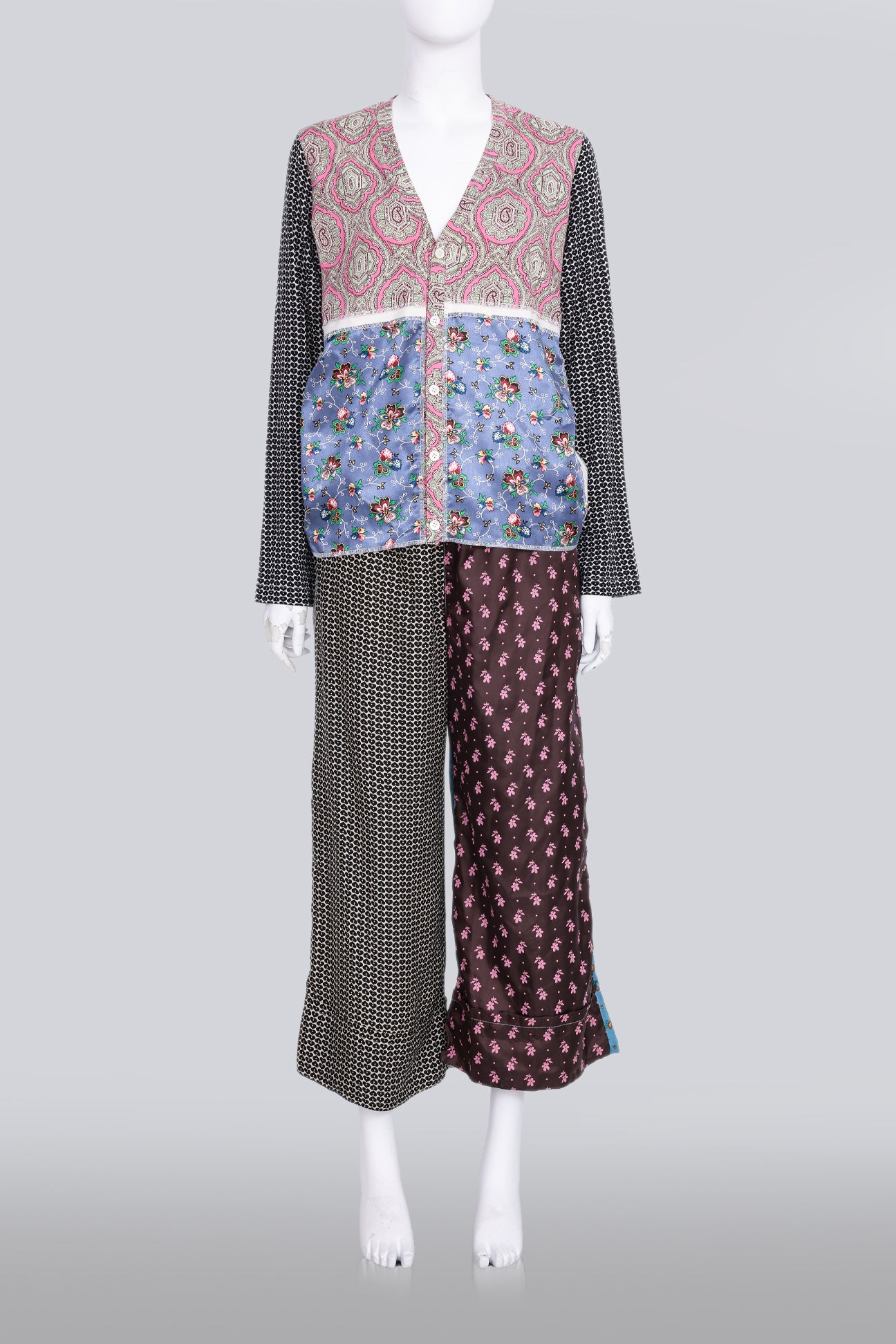 COMME DES GARCONS TRICOT - A 2012 MULTIPLE PANEL PRINT CARDIGAN AND PALAZZO PANTS SET