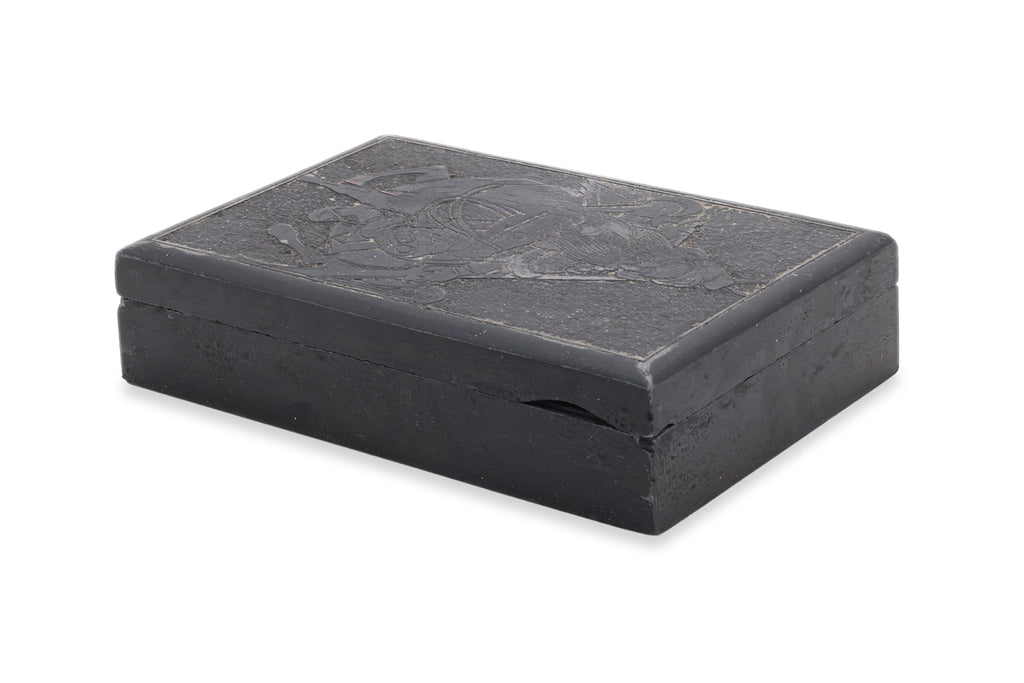 A INK STONE WITH CARVED GUANDI TO COVER