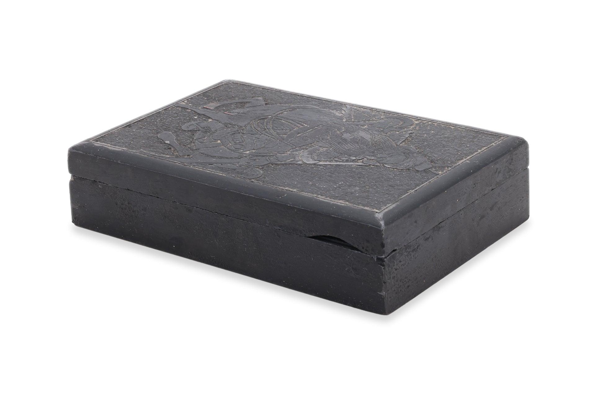 A INK STONE WITH CARVED GUANDI TO COVER
