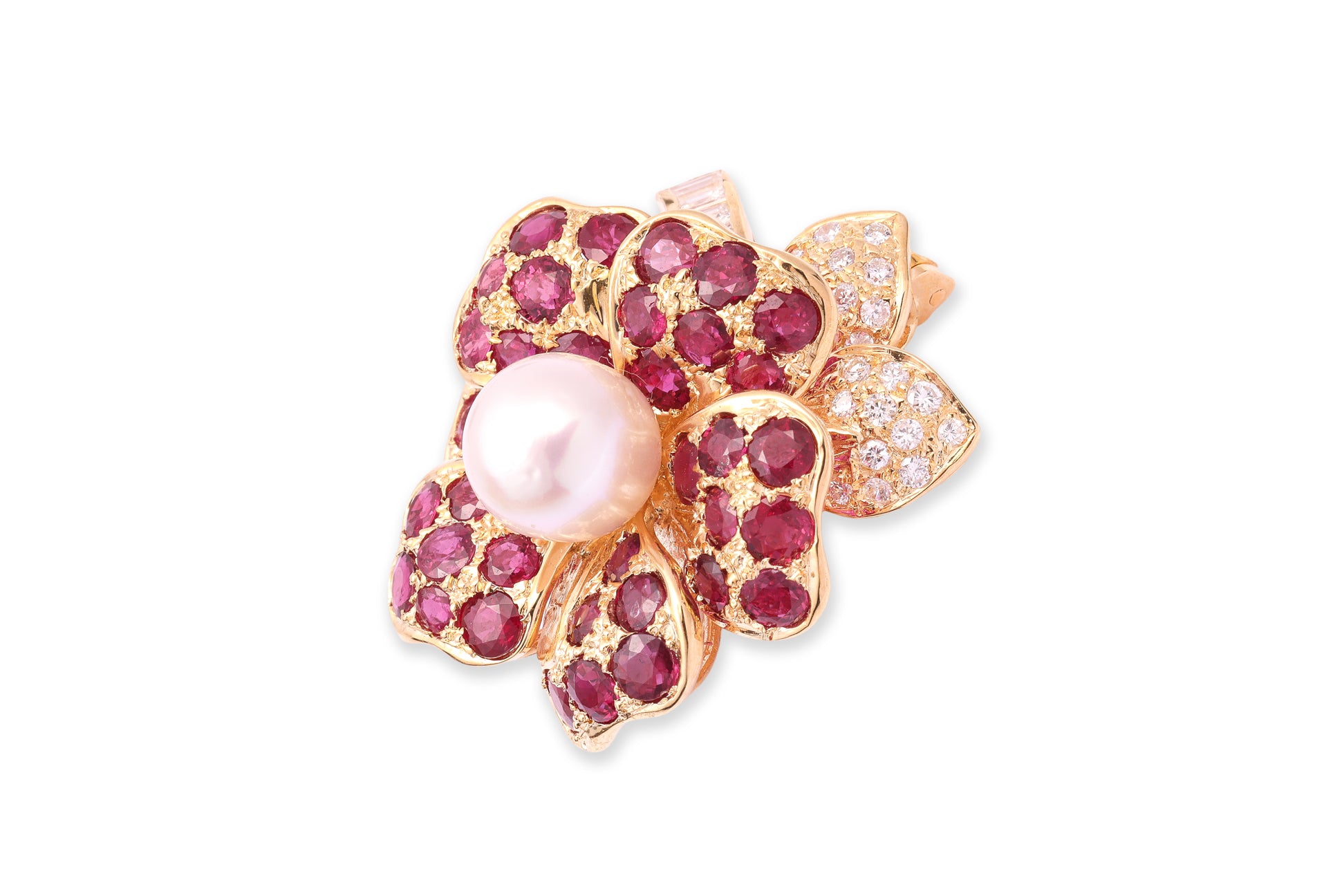 A CULTURED PEARL, RUBY AND DIAMOND 'FLOWER' BROOCH