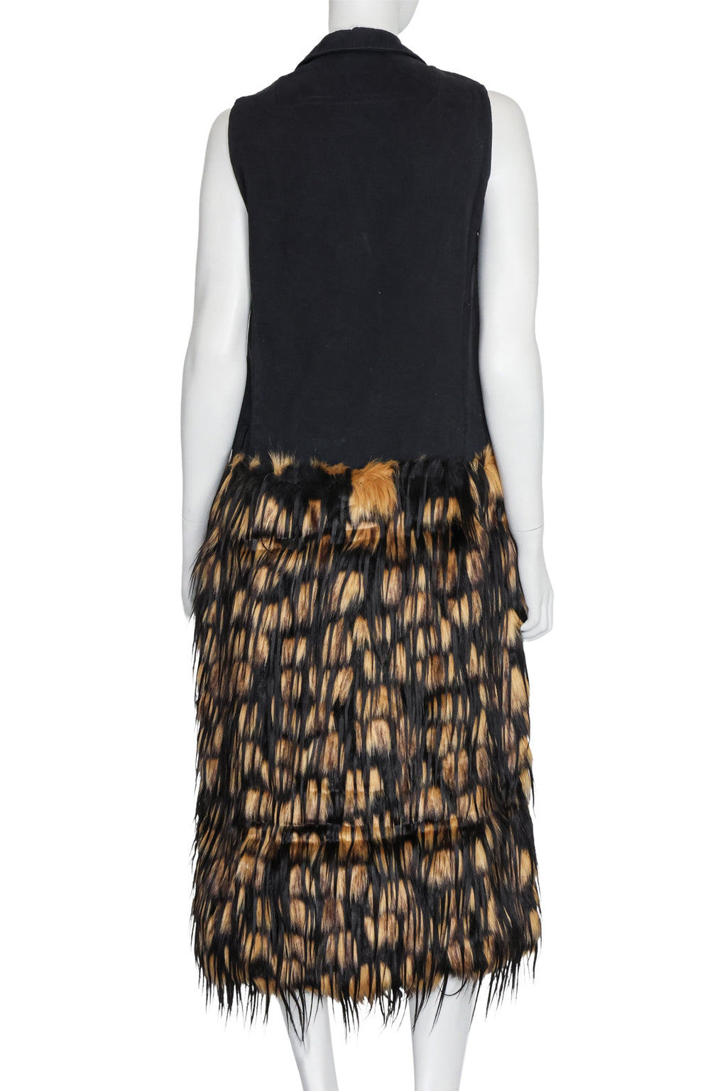 DRIES VAN NOTEN - A SLEEVELESS BLACK AND YELLOW FAUX FUR DRESS