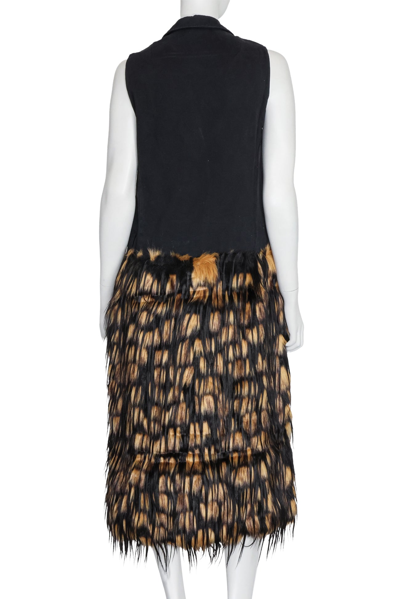 DRIES VAN NOTEN - A SLEEVELESS BLACK AND YELLOW FAUX FUR DRESS