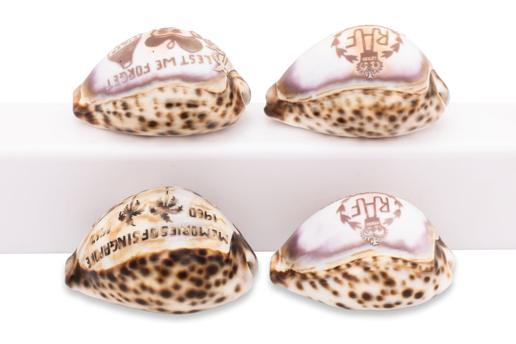 A GROUP OF FOUR CARVED COWRIE SHELLS, SINGAPORE 1960-63