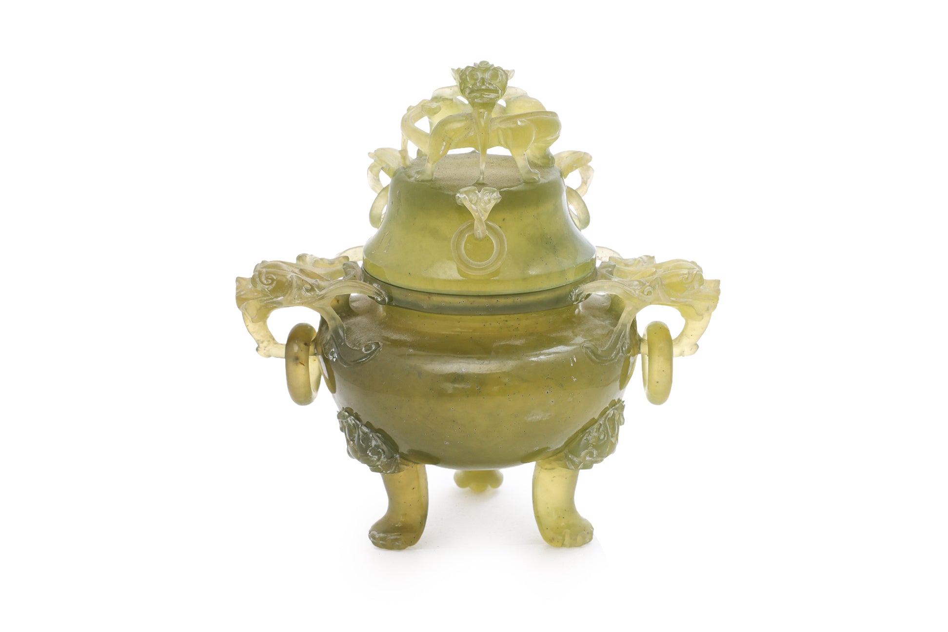 A SERPENTINE JADE TRIPOD CENSER AND COVER