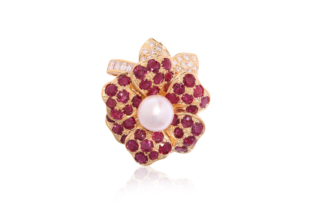 A CULTURED PEARL, RUBY AND DIAMOND 'FLOWER' BROOCH