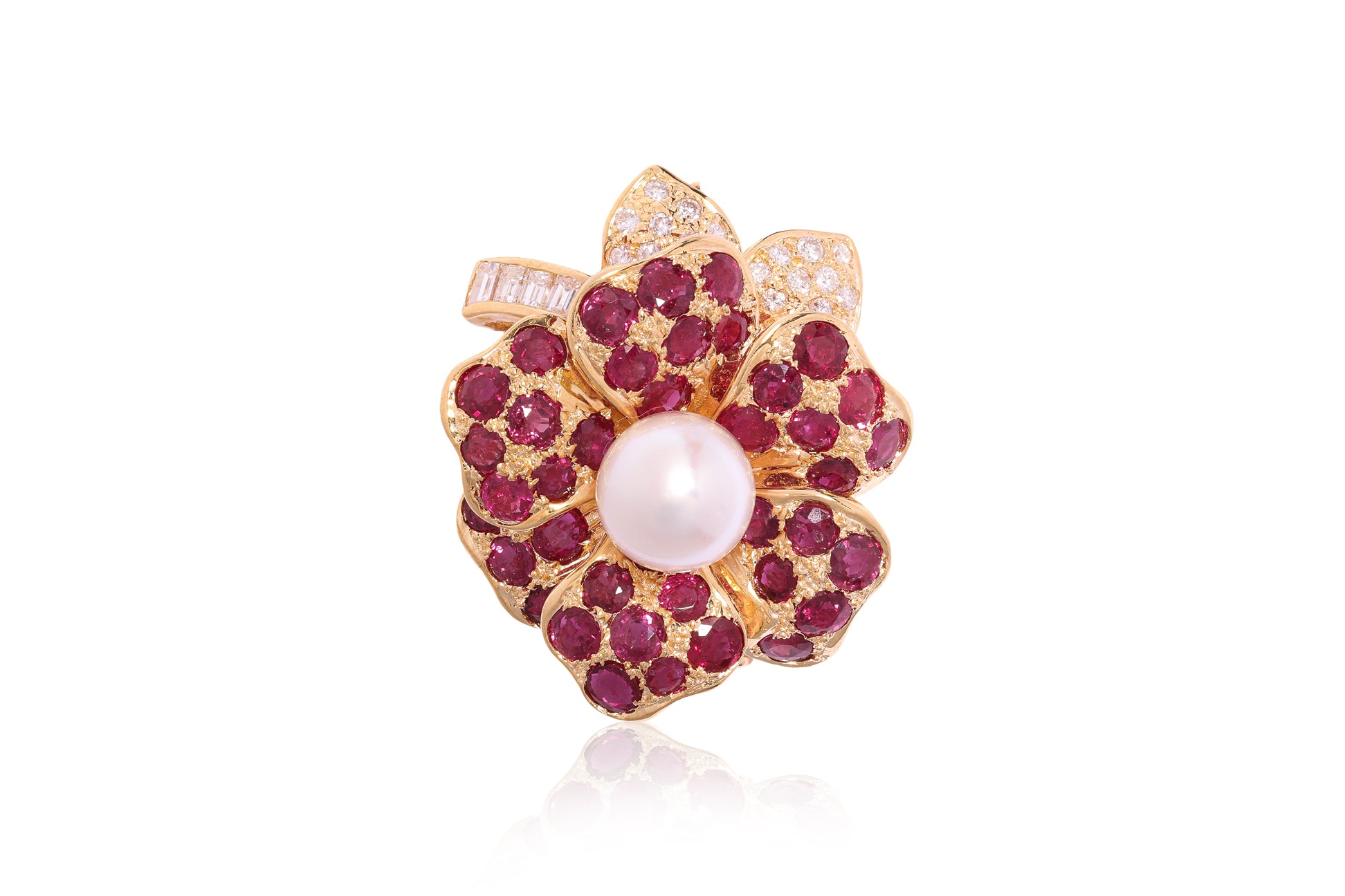 A CULTURED PEARL, RUBY AND DIAMOND 'FLOWER' BROOCH