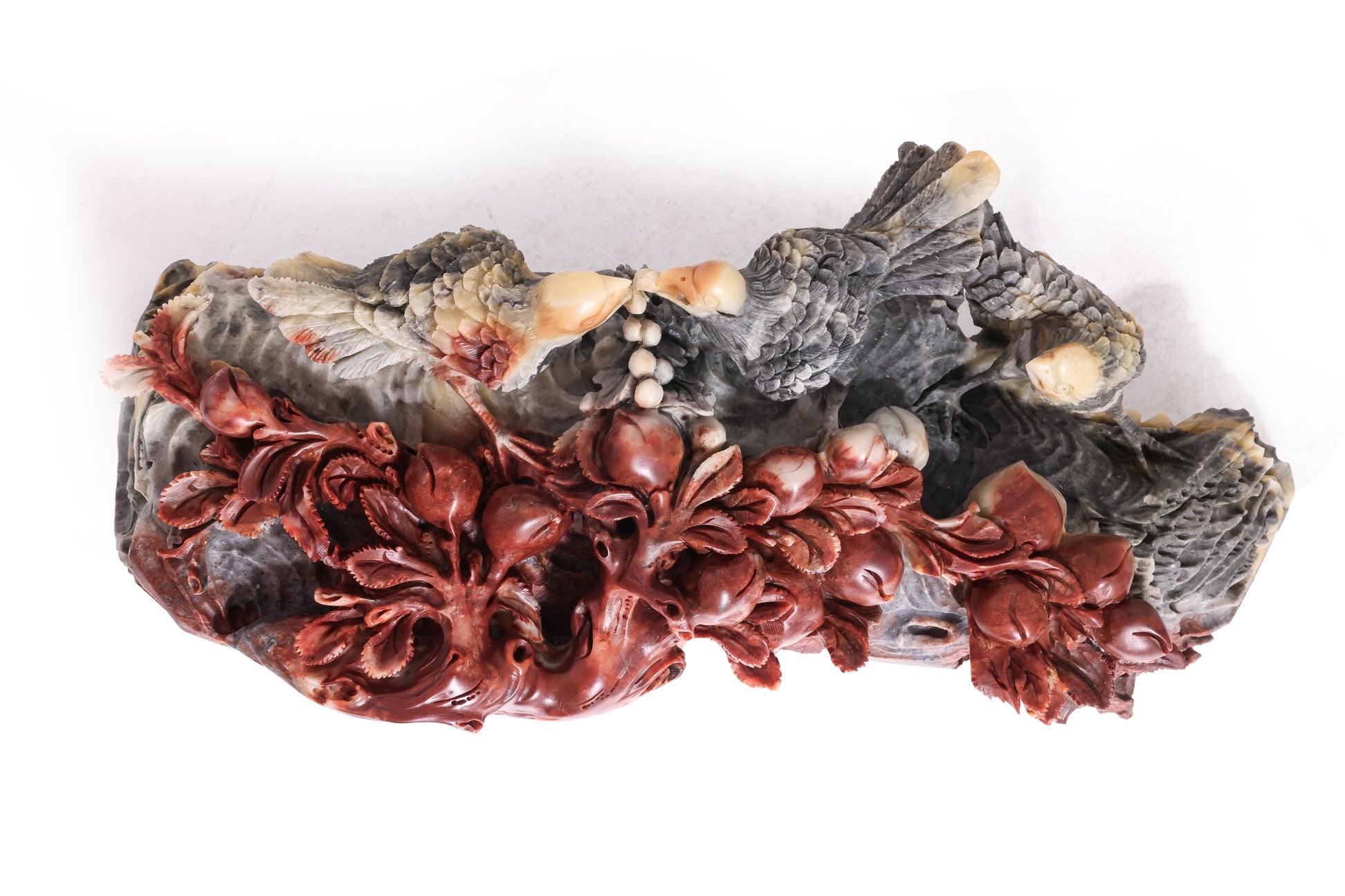 A LARGE SHOUSHAN STONE CARVING OF BIRDS AND FRUIT