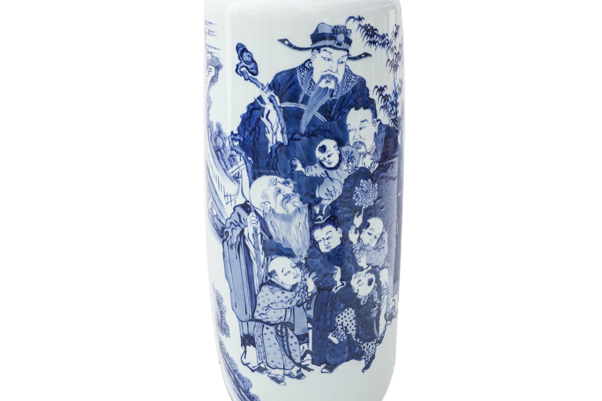 A LARGE BLUE AND WHITE 'IMMORTALS' ROULEAU VASE