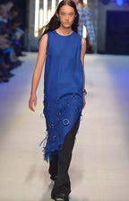 MSGM - A BLUE LINEN SLEEVELESS DRESS WITH METAL RING DETAILS, SPRING RTW 2016