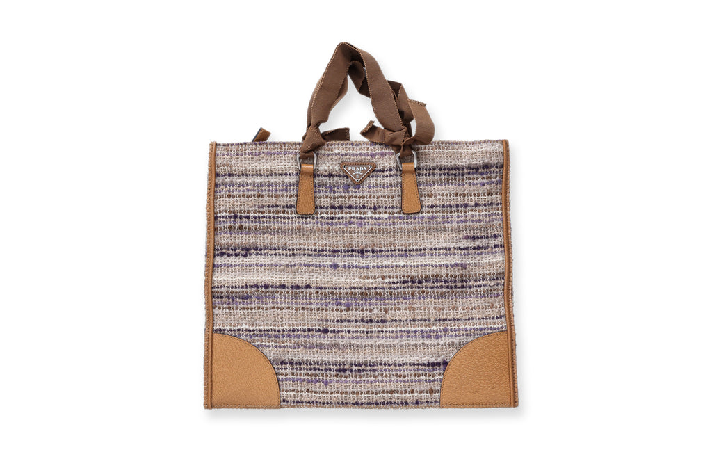 PRADA - A TWEED AND LEATHER TOTE BAG