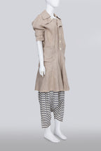 JUNYA WATANABE COMME DES GARCONS - A TAN TRENCHOAT AND STRIPED DROP CROTCH SHORTS ENSEMBLE