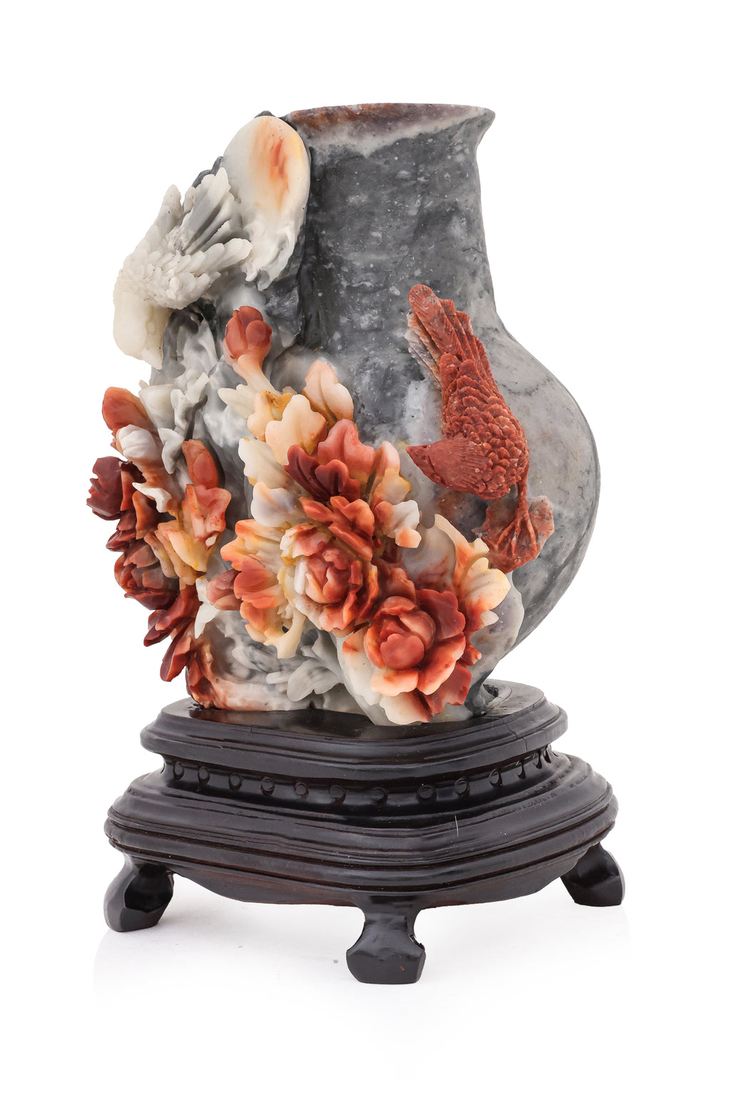 A SHOUSHAN STONE VASE WITH BIRDS AND PEONIES
