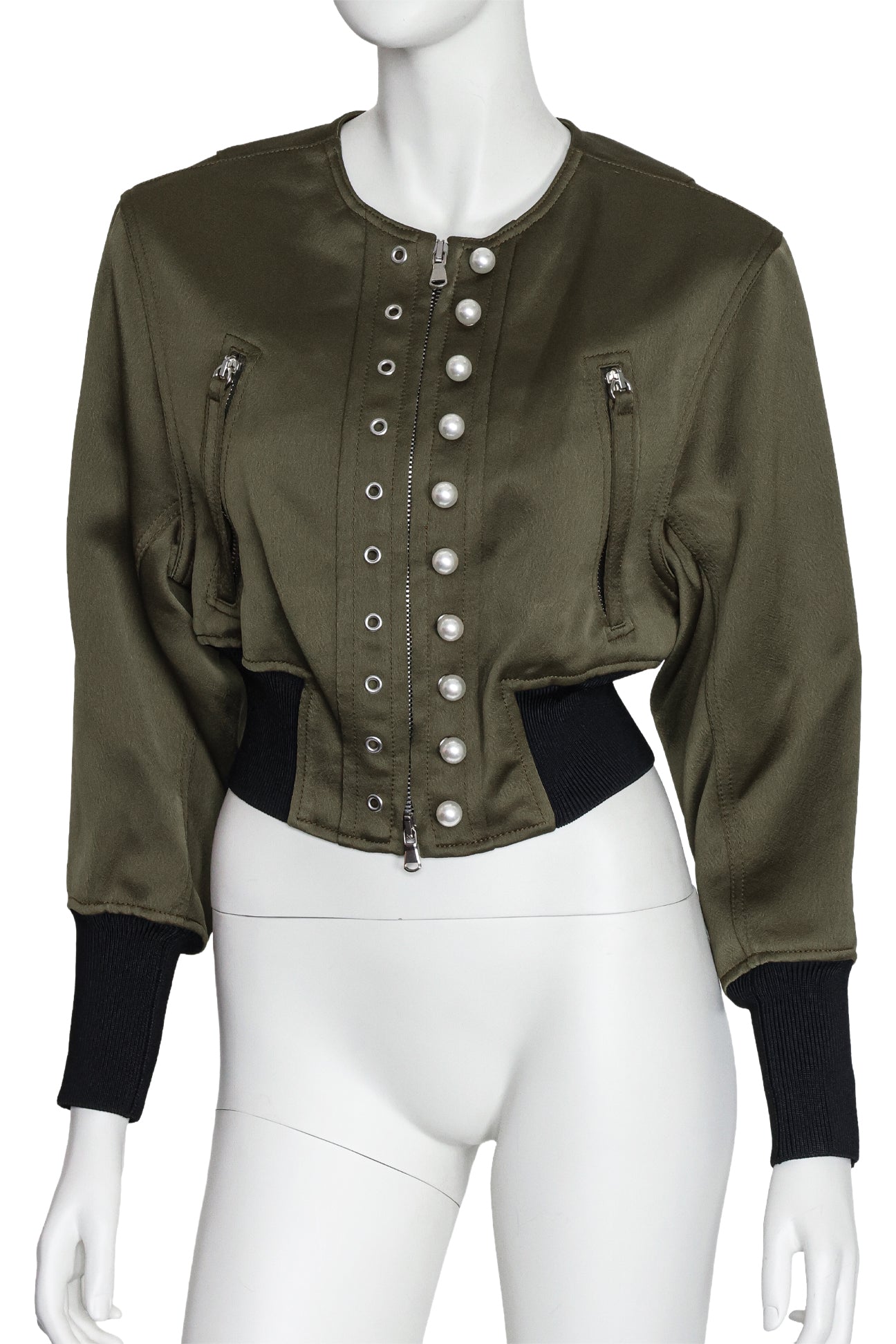 3.1 PHILLIP LIM - A 'MOSS' GREEN CROPPED BOMBER JACKET WITH FAUX PEARLS