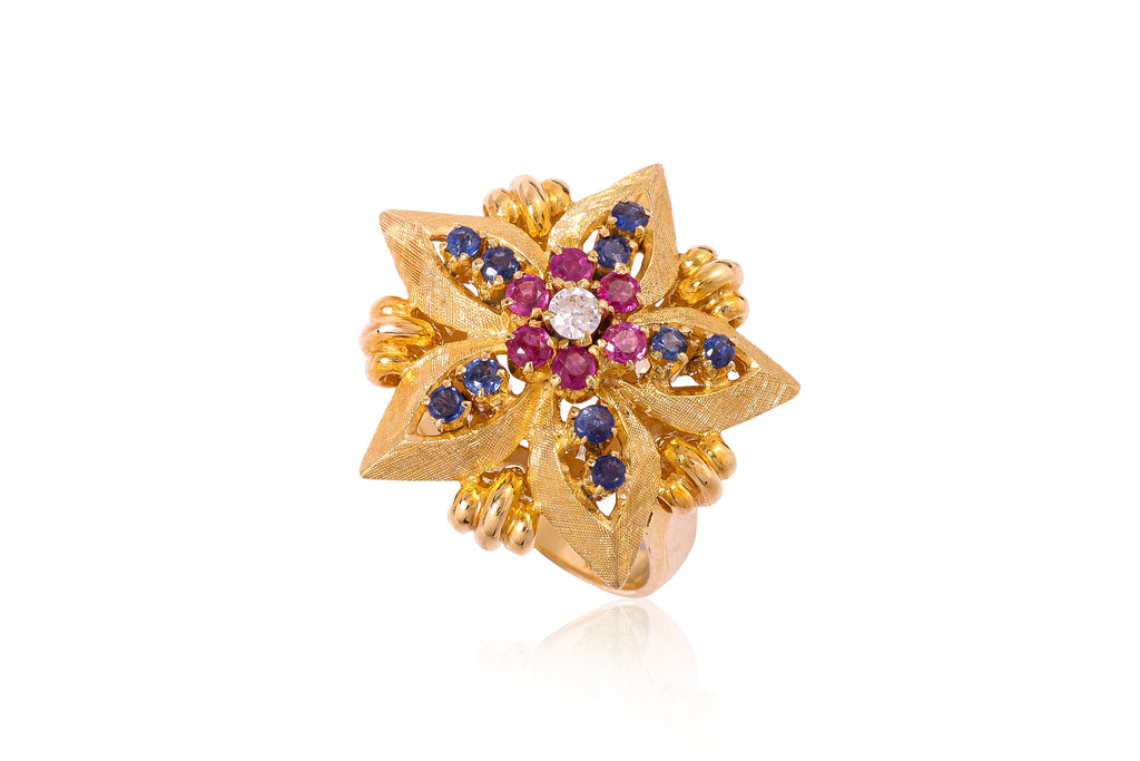 A DIAMOND, RUBY AND SAPPHIRE 'FLOWER' RING