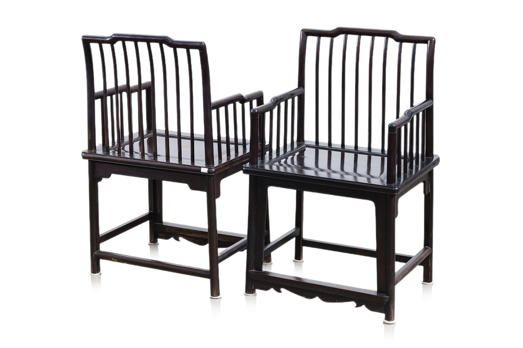 A PAIR OF RAIL BACK HARDWOOD ARMCHAIRS AND SIDE TABLE